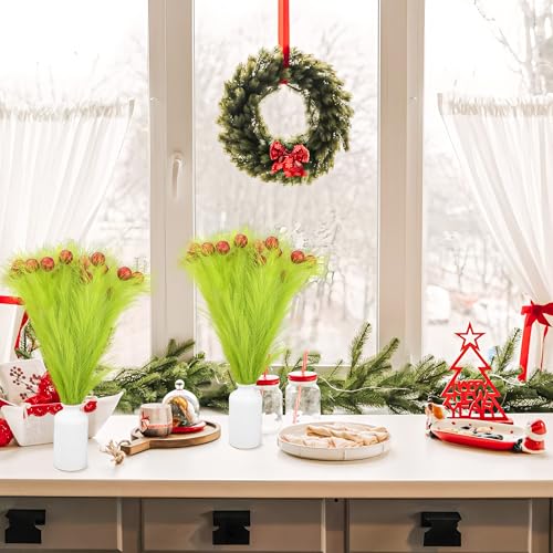 12 Pack Lime Green Christmas Tree Picks with Red Glitter Balls - Holiday Tree Decorations