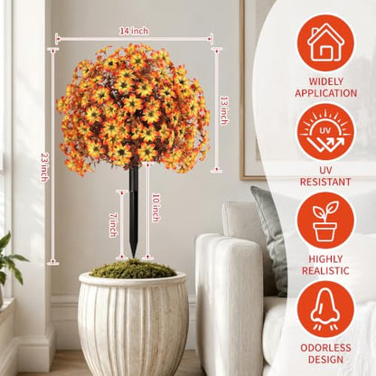 Artificial Fall Mums Topiary Ball Tree with Ground Spike - Orange