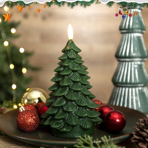 Christmas Tree Flameless Candles with Remote 2-Pack, Green Wax, Battery Operated