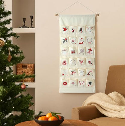 Christmas 24 Day Reusable Hanging Advent Calendar with Pockets - Fillable Holiday Decoration C