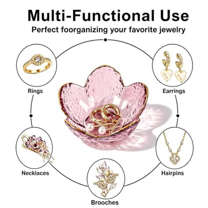 2 Pcs Flower Glass Jewelry Dish Set - Deep Pink & Deep Green Decorative Trinket Holders