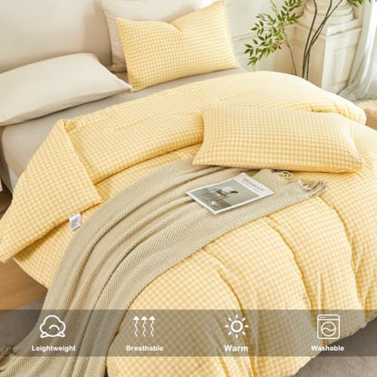 Queen Gingham Comforter Set - Yellow Checkered Bedding for Bedroom Decor