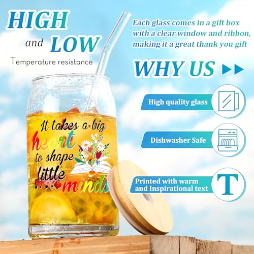 Teacher Appreciation Gifts Glass Cups Set - 12 Pcs 16 oz with Quotes & Gift Boxes - Teaching Variation