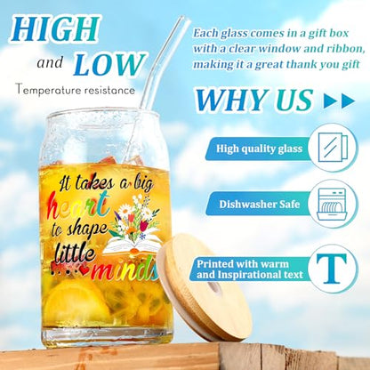 Teacher Appreciation Gifts Glass Cups Set - 12 Pcs 16 oz with Quotes & Gift Boxes - Teaching Variation