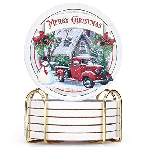 Ceramic Christmas Absorbent Coasters Set of 6 with Car Design and Cork Bottom