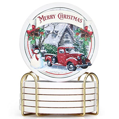 Ceramic Christmas Absorbent Coasters Set of 6 with Car Design and Cork Bottom