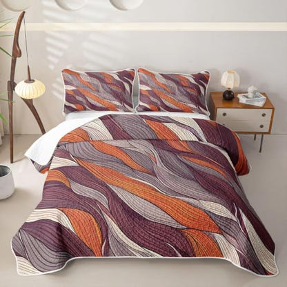 Geometrical Abstract Waves Quilt Set Queen Size - Orange Grey Red | Bohemian Lines Coverlet