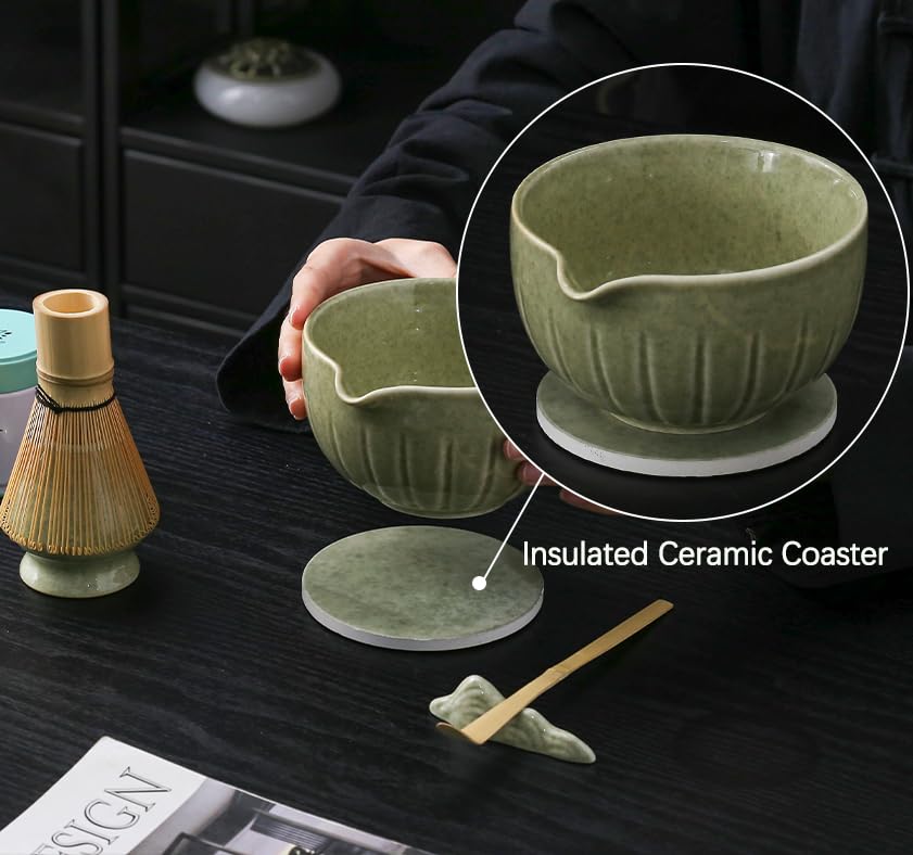 TANG PIN Matcha Whisk Set, 15 OZ Matcha Bowl, Matcha Whisk and Stand, Scoop, Spoon, Sifter, Coaster, Cleaning Brush and Tea Towel, 10 Pcs Perfect Matcha Kit for Matcha Tea Ceremony