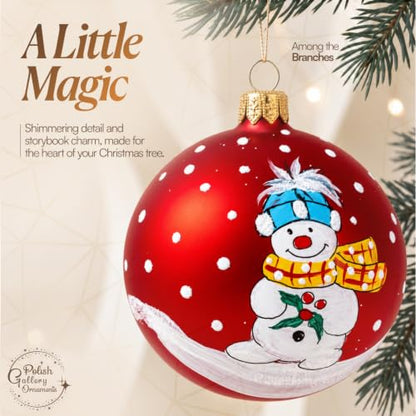Hand Blown Glass Christmas Ornament Ball - Snowman & Mistletoe Red 3 Inch - Variation of Red / 80mm / 3inch