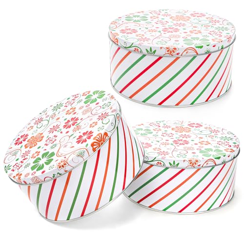 3 Pack Decorative Round Cookie Tins Food Safe Metal Gift Storage Containers