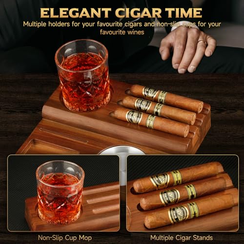 Brown Wooden Cigar Ashtray Set with Lighter Cutter & Accessories - Indoor Outdoor