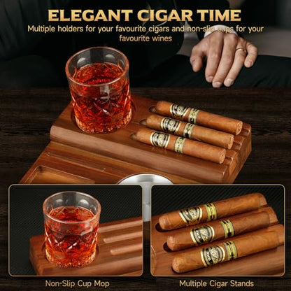 Brown Wooden Cigar Ashtray Set with Lighter Cutter & Accessories - Indoor Outdoor