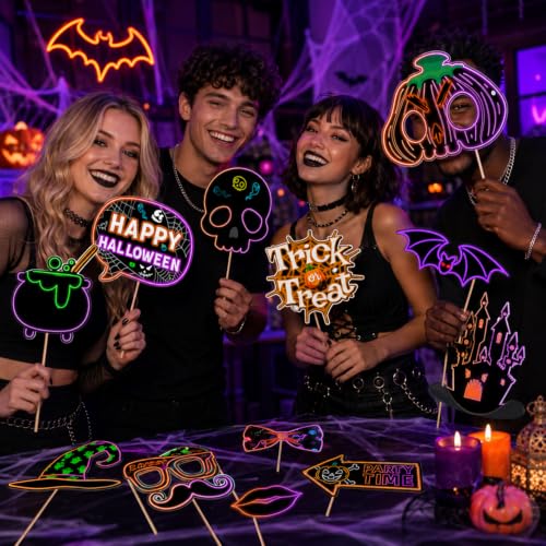 Neon Halloween Photo Booth Props Set - 16 Vivid Fluorescent Party Decorations
