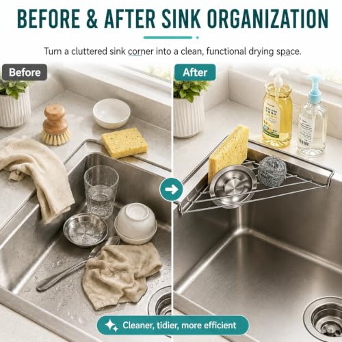 Silver Stainless Steel Corner Sink Shelf with Wire Rack - Space Saving