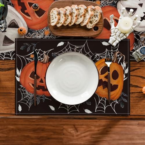 Black Pumpkin Spider Web Halloween Placemats Set of 4 - 12 x 18 Inch Seasonal Fall Table Decor