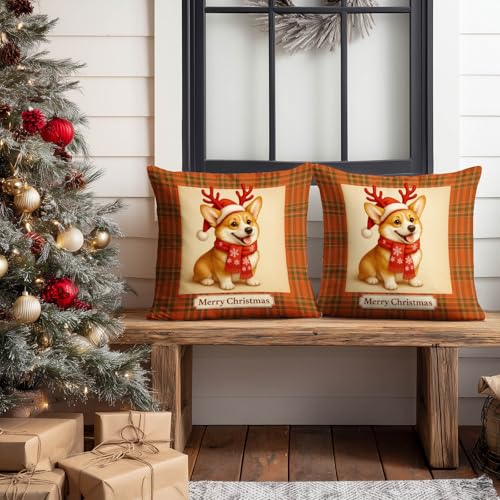 Christmas Corgi Throw Pillow Covers Set of 2 - 18x18 Inch, Reindeer & Plaid Design - Variation of Christmas Corgi#02
