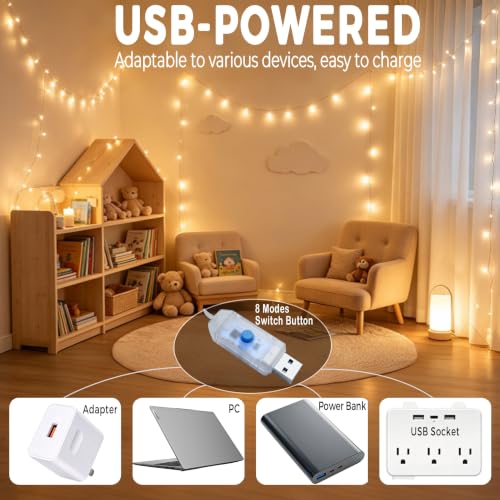 33FT USB Fairy String Lights 100 LED Warm White with Timer Remote - 2 Pack