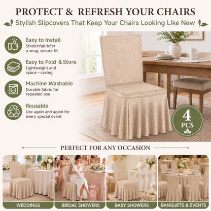 Ruffled Skirt Dining Chair Covers Set - 4 Pack Linen-Look Stretch Covers