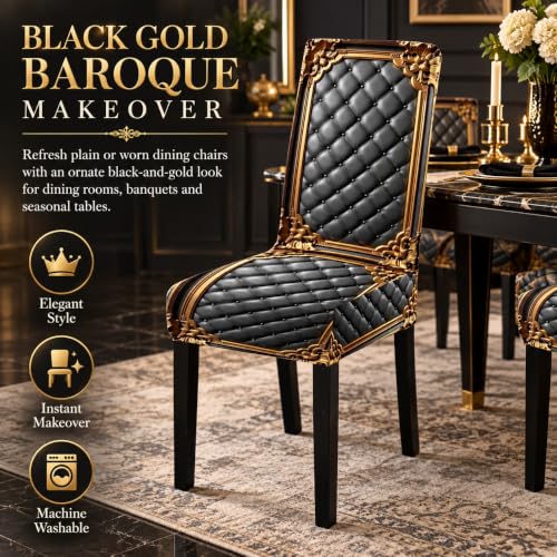 4pcs Washable Baroque Print Chair Cover Set for Dining Chairs - Black Gold