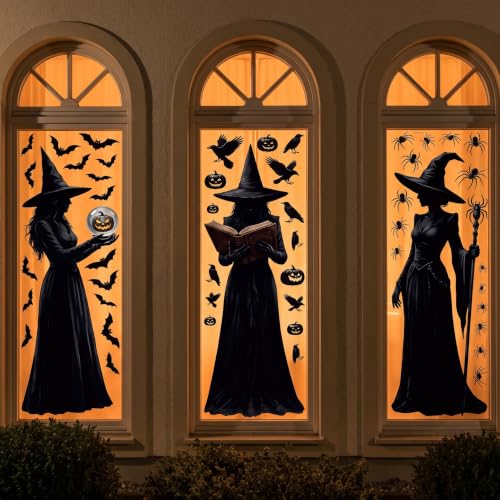 Halloween Window Clings Decor - Large Witch Silhouettes for Glass Windows, Indoor & Outdoor Party Decorations