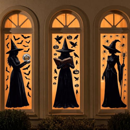 Halloween Window Clings Decor - Large Witch Silhouettes for Glass Windows, Indoor & Outdoor Party Decorations