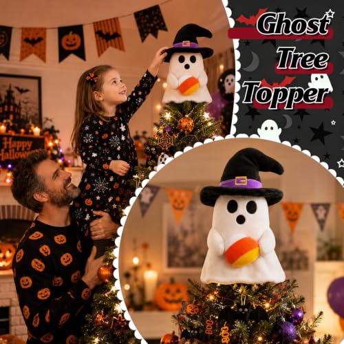 Halloween Ghost Tree Topper with Witch Hat and Candy Corn - 11 Inch Decor