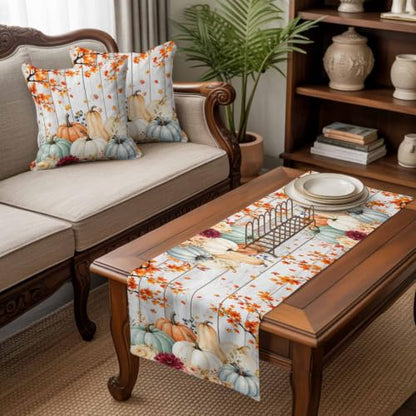 Fall Pumpkin and Maple Leaf Bed Runner Set with Matching Pillow Covers - Blue, Gray, Orange, White, 83x20 Inches
