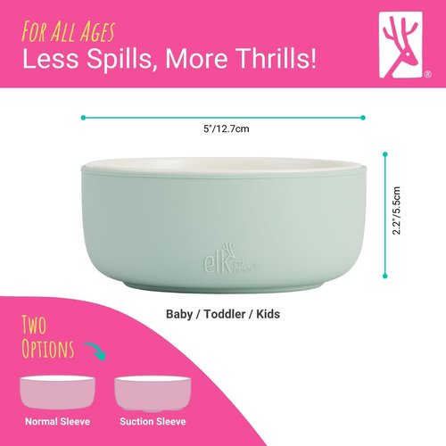 Elk and Friends Kids Porcelain Bowls with Silicone Suction Sleeves | Suitable for Babies/Toddlers | Microwave & Dishwasher Safe | Stay Put Dinnerware | Snack Dishes | 4 Pack