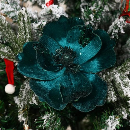 Large Glitter Christmas Magnolia Flowers Set - Blackish Green, 10 Inch