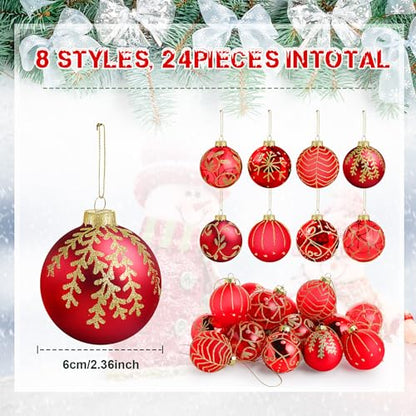 Liliful 24 Pack Red Glass Christmas Ornaments 2.36 Inch Winter Snowflake Design