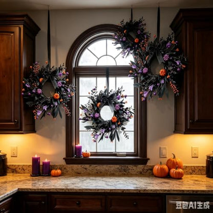 Halloween Hanging Wreaths with Black Foliage and Orange Pumpkins - 4 Pieces, Gothic Decor