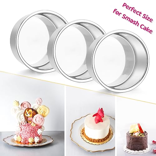 E-far 4 Inch Small Cake Pan Set of 3, Stainless Steel Mini Round Smash Cake Baking Pans, Non-Toxic & Healthy, Mirror Finish & Dishwasher Safe