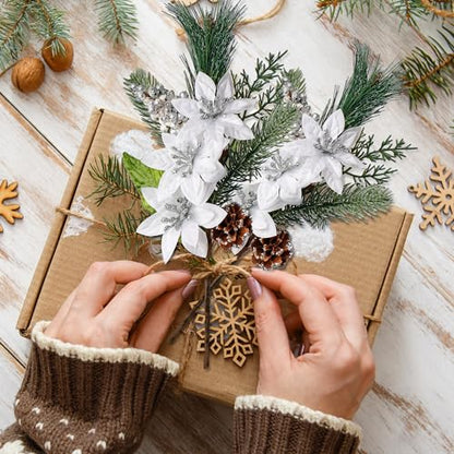 Artificial Christmas Poinsettia Picks with Faux Berries Pine Branches and Cones - Silver, Set of 6