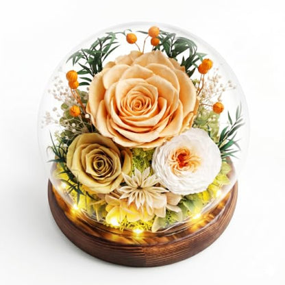 Preserved Flower Gift in Glass Dome - Beige Yellow for Mom & Grandma