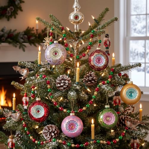Vintage Glass Christmas Ornaments Set - Red Series, 12 Large 4-Inch Baubles with Glitter Accents