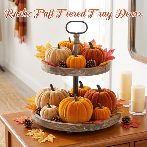 Brown Fall Artificial Velvet Pumpkins Decor Set - 12 Mini Foam Pumpkins for Autumn Home Display
