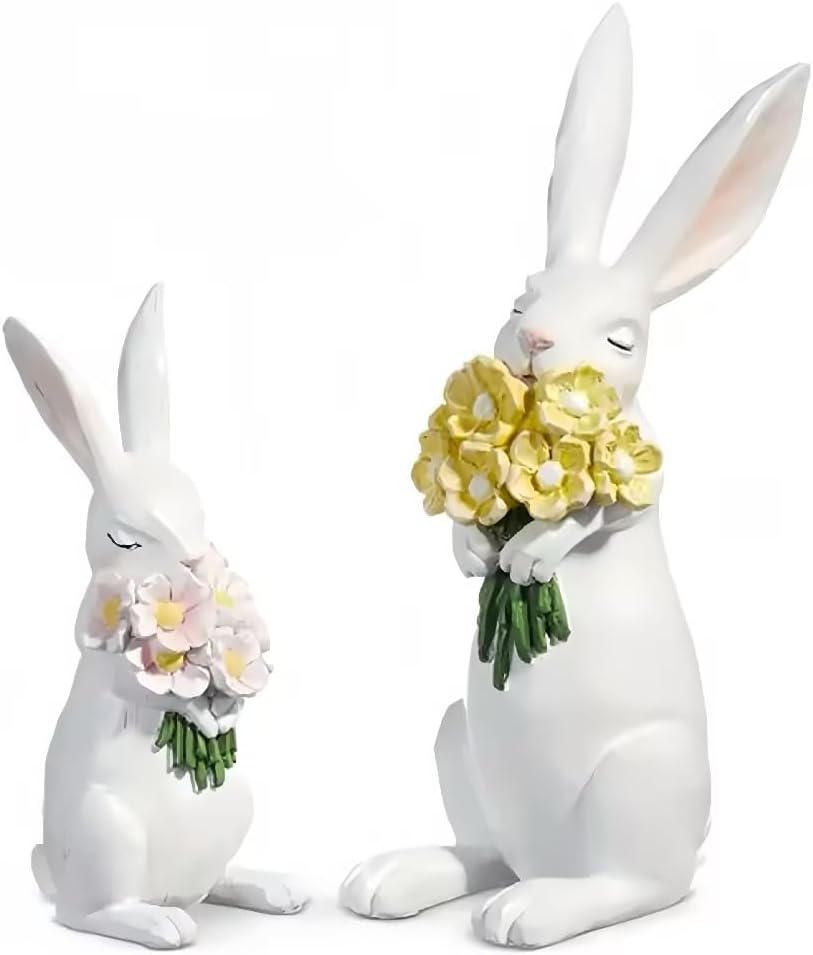 WDS Wondrous Bunny Figurines Set - Cream White Bunnies with Pastel Flower Bouquets | Cute Spring Home Decor Statues (Set of 2)