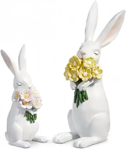 WDS Wondrous Bunny Figurines Set - Cream White Bunnies with Pastel Flower Bouquets | Cute Spring Home Decor Statues (Set of 2)