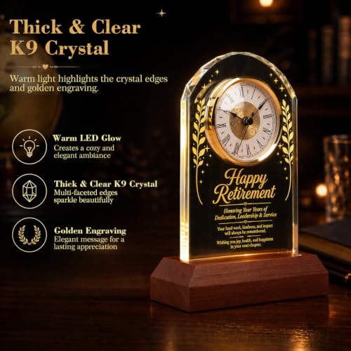 Retirement Gift Crystal Clock with Wooden LED Light Base - Engraved Keepsake Plaque for Boss, Teacher, Nurse, Doctor