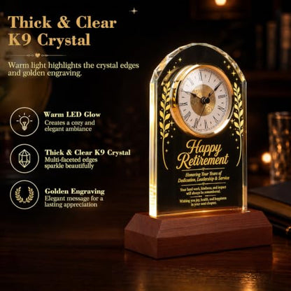 Retirement Gift Crystal Clock with Wooden LED Light Base - Engraved Keepsake Plaque for Boss, Teacher, Nurse, Doctor