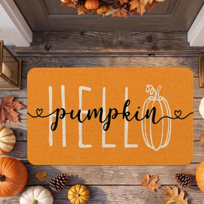Hello Pumpkin Fall Front Door Mat - Orange Autumn Welcome Doormat 17x30 Inches