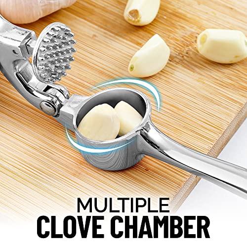 Zulay Kitchen Premium Garlic Press Set - Rust Proof & Dishwasher Safe Professional Garlic Mincer Tool - Easy-Squeeze, Easy-Clean with Soft, Ergonomic Handle - Silicone Garlic Peeler & Brush (Chrome)