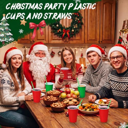 Christmas Red Green Plastic Disposable Cups with Straws - 120 Pcs Set