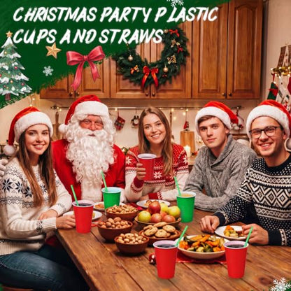 Christmas Red Green Plastic Disposable Cups with Straws - 120 Pcs Set