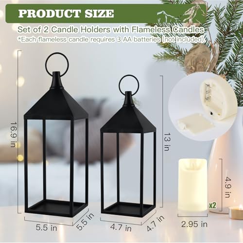 17" & 13" Modern Farmhouse Candle Lantern Decor Set - Black Metal Flameless Indoor & Outdoor Lanterns