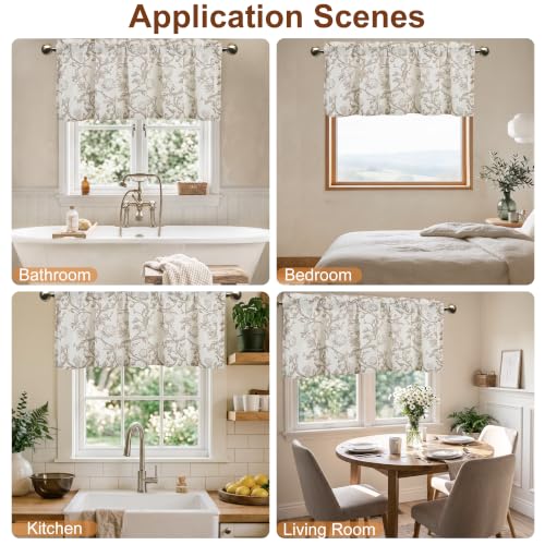 Protea Line Linen Valance Curtain 52x14 Inch Taupe Farmhouse Style