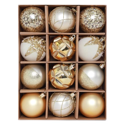 HipTree White Gold Velvet Christmas Tree Baubles 12 Pack - 3.14 Inch