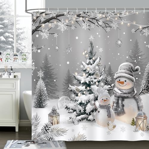 Christmas Snowman Shower Curtain - 72x72 Inch Silver Grey Holiday Bathroom Decor - Variation of Christmas Snowman / 72W x 72L
