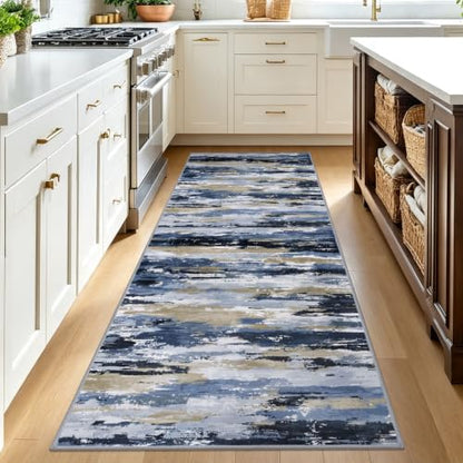 3' x 8' Abstract Washable Non-Slip Runner Rug for Hallway Navy / Blue / Taupe
