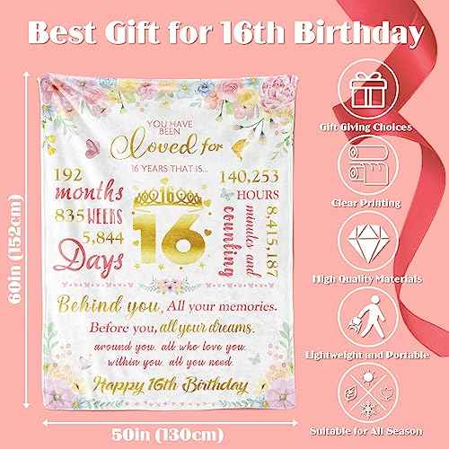 Sweet 16 Birthday Gifts for Girls, 50x60 Happy 16th Birthday Throw Flannel Blanket, Sweet 16 Year Old Girl Birthday Gift Ideas for Sixteen Daughter Sister, Pink Floral 16 Bday Decorations for Friends